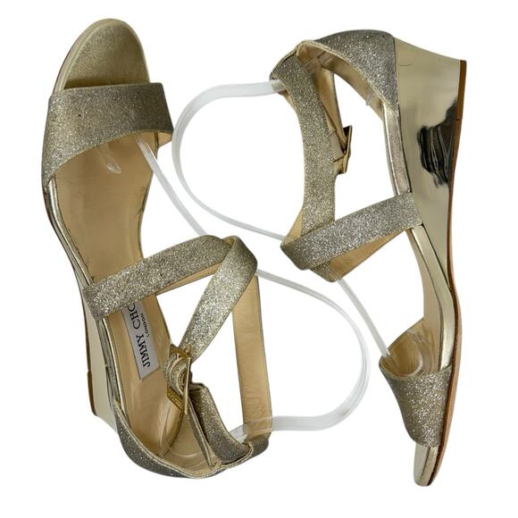 Jimmy Choo Chiara Sandal Size 39 /9 Cross Strap Open Metallic Gold Glitter Wedge - Picture 7 of 14